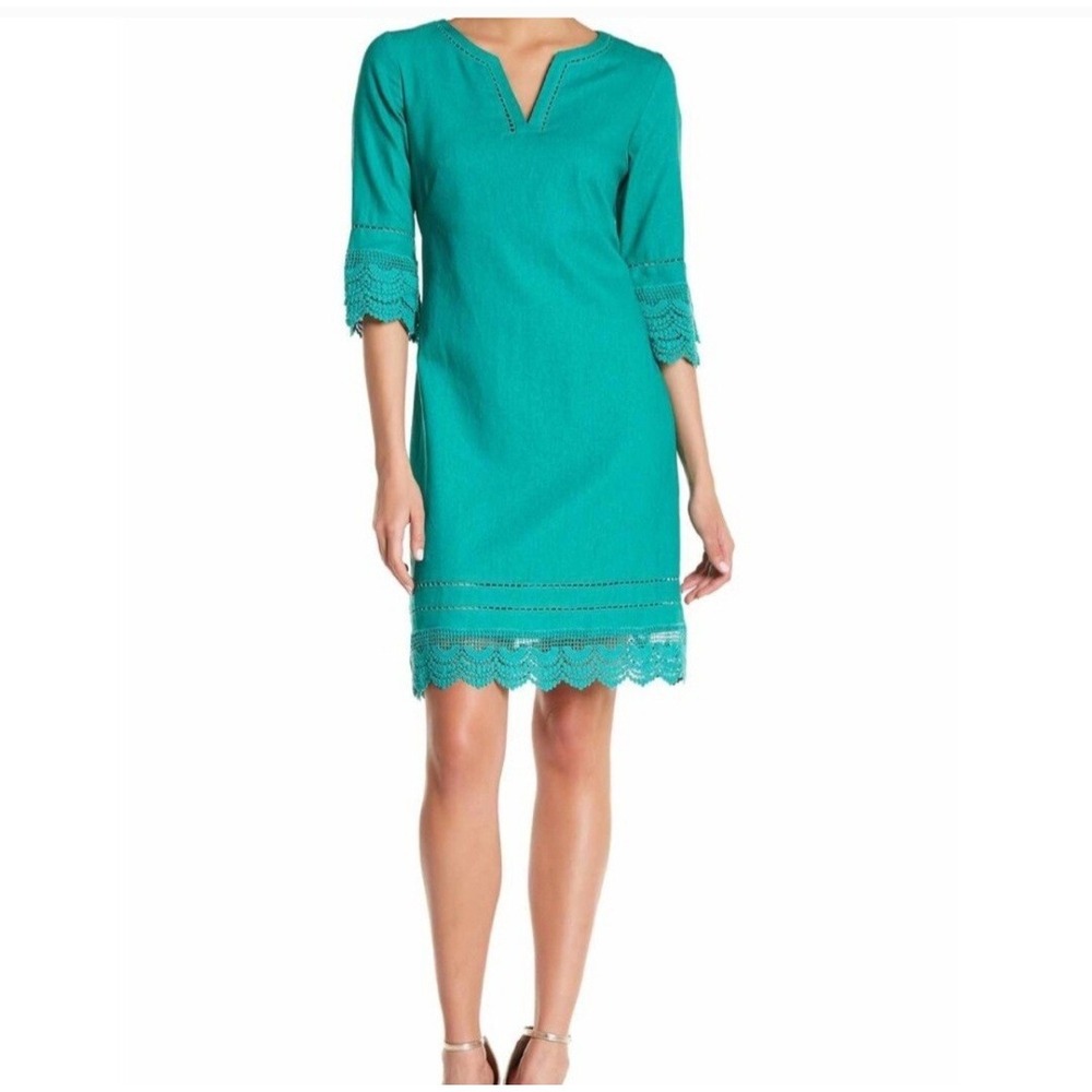 Nanette Lepore Pacific Green Shift Dress Eyelet Lace‎ Trim V Neck Linen Blend 12